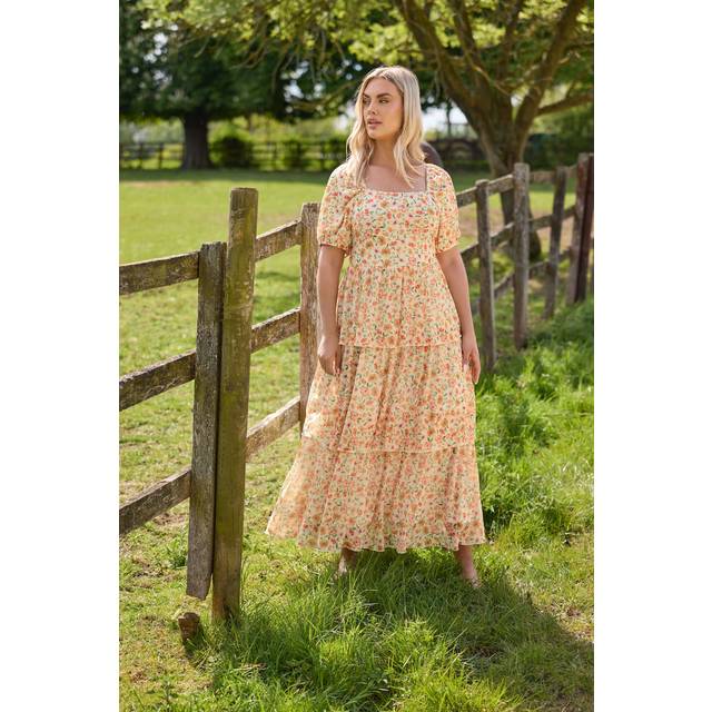 Yours Curve Butter Yellow Floral Tiered Maxi Dress, Women's Curve & Plus Size, Yours - 30-32