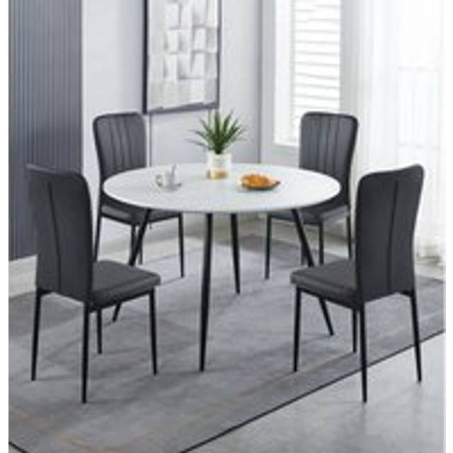 Cullompton Large Round Dining Table 120Cm, Effect Top, With 4 Black Faux Leather High Back Chairs - White (4)