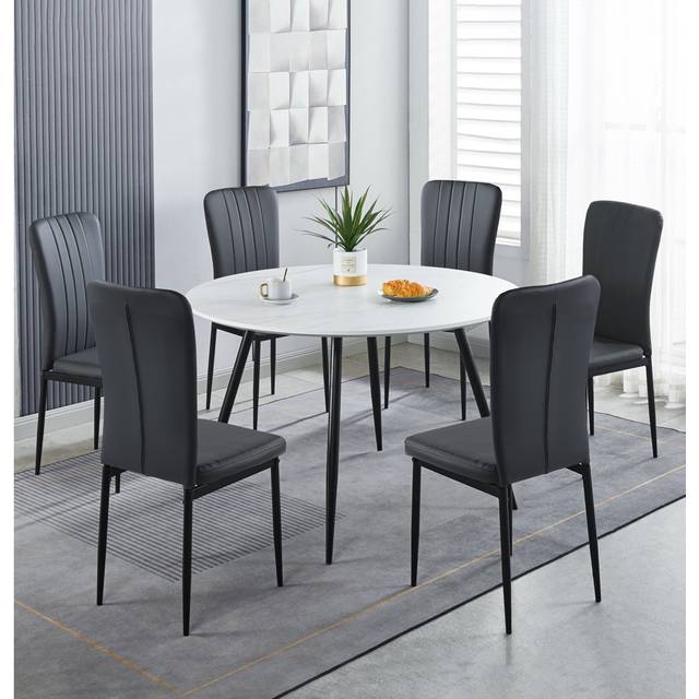 Cullompton Large Round Dining Table 120Cm, Marble Effect Top, With 6 Black Faux Leather High Back Chairs - White (6)