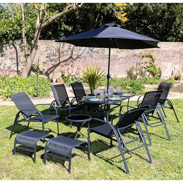 6 Seater Dining Set With Parasol Reclining Chairs Glass Table - Black - One Size