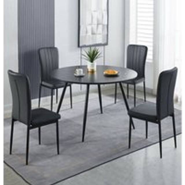 Hallowood Furniture - Cullompton Round Dining Table and Chairs Set 4, Large Black Wooden Effect Dining Table (120cm) & Black Faux Leather High Back