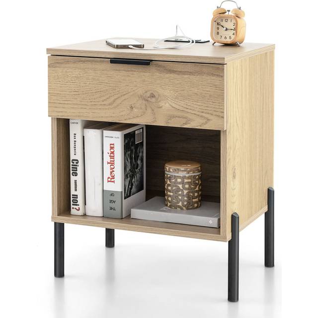 Mid Century Modern Nightstand Bed Side Table W/Charging Station-Natural - Yellow (58cm H X 48cm W X 40cm D)