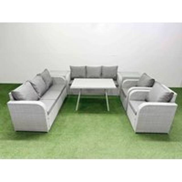 Fimous Rattan High Back Lounge Sofa Set Patio Dining Table & Chairs Set with 3 Seater Sofa 2 Reclining Chairs 2 Side Tables Light Grey