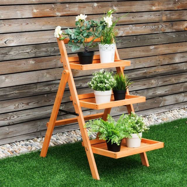 3-Tier Plant Stand Outdoor Indoor Foldable Flower Racks Display Shelf - Brown (90cm H X 55cm L X 67cm D)