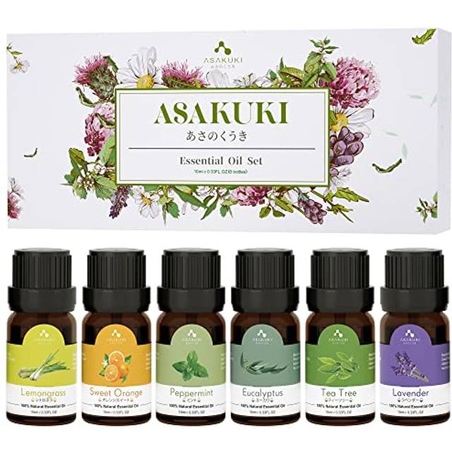 ASAKUKI Starter Kit Pure Essential Oils Gift Set 6 x 10 mL, Natural Lavender, Eucalyptus, Lemongrass, Tea Tree, Sweet Orange and Peppermint, Diff