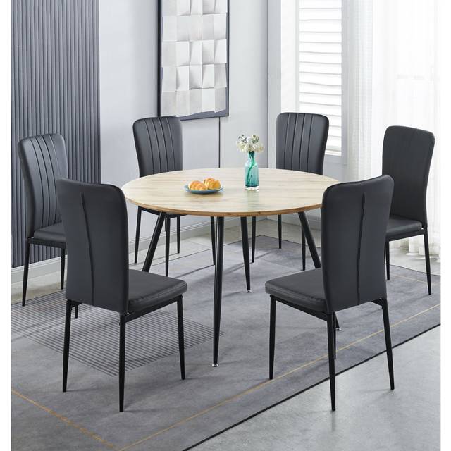 Cullompton Large Round Dining Table 120Cm, Marble Effect Top, With 6 Black Faux Leather High Back Chairs - Oak (6)
