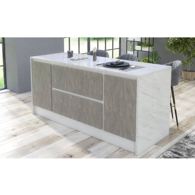 Kitchen Island Modern Breakfast Bar Cupboard White Marble Grey Stone Effect KI06