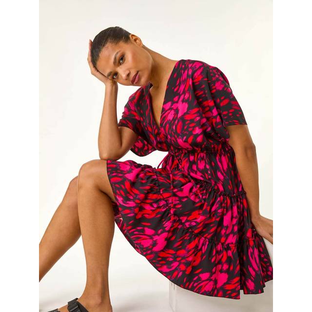 Abstract Print Boho Mini Dress - Fuchsia - 12