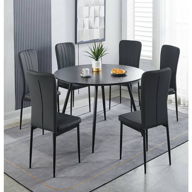 Hallowood Furniture - Cullompton Round Dining Table and Chairs Set 6, Large Black Wooden Effect Dining Table (120cm) & Black Faux Leather High Back