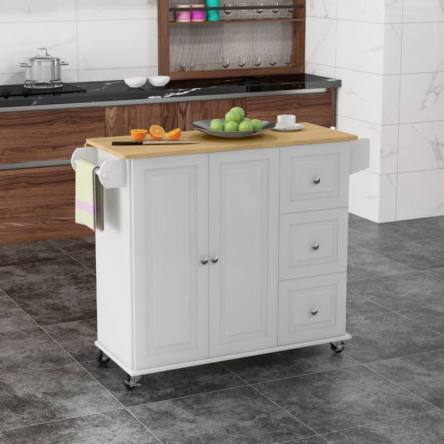ClassicLiving Solid Wood Top Kitchen Island White 91.5cm H X 115cm W X 64cm D