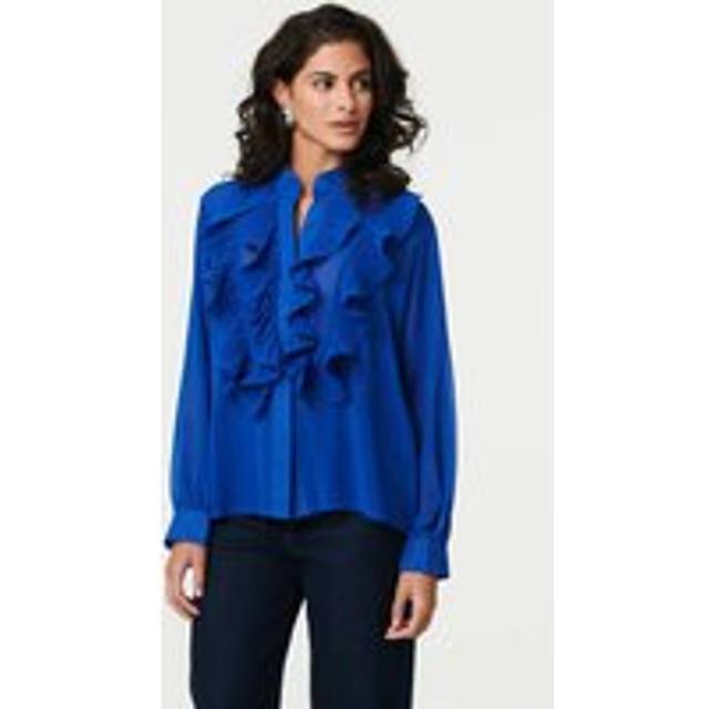 Izabel London Ruffled Long Sleeve Semi Sheer Blouse - Blue - 14