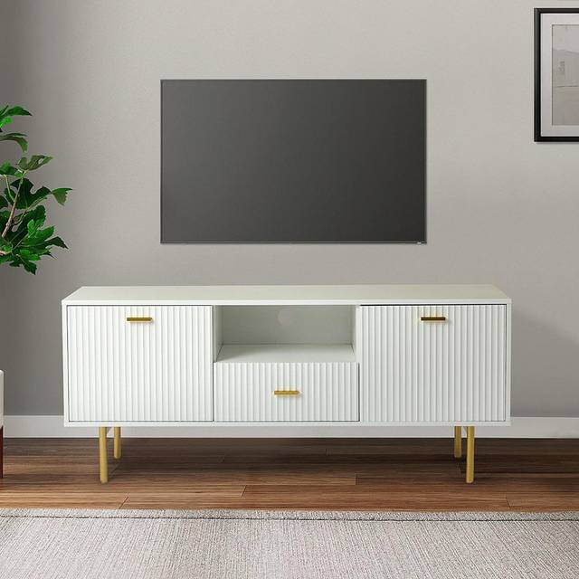 White tv Cabinet with Gold Metal Legs and Handles – Stylish Media Console with Spacious Storage