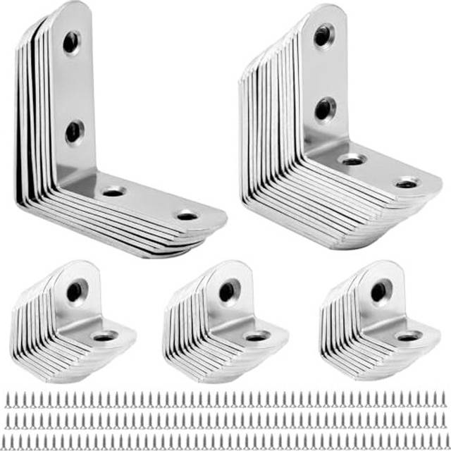 QWORK L Brackets for Wood , 56pcs Corner Brace , Stainless Steel , 16x20mm , 16x40mm , 16x50mm , 90 Degree L Shaped Brackets for Furniture Fixation