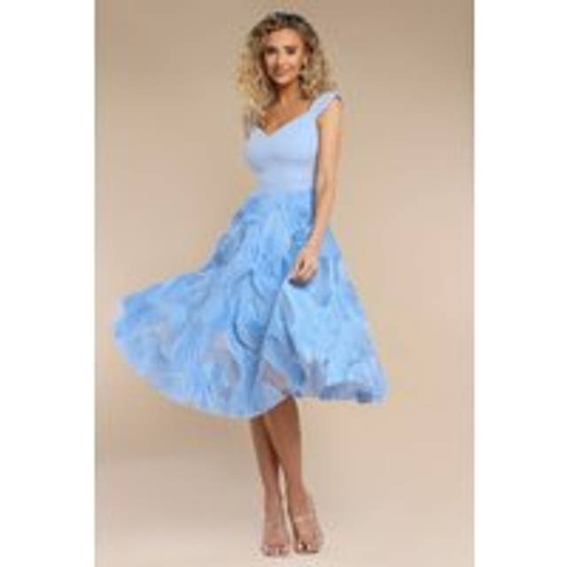 Scuba & Textured Chiffon A Line Midi Dress - Blue by Goddiva - 10