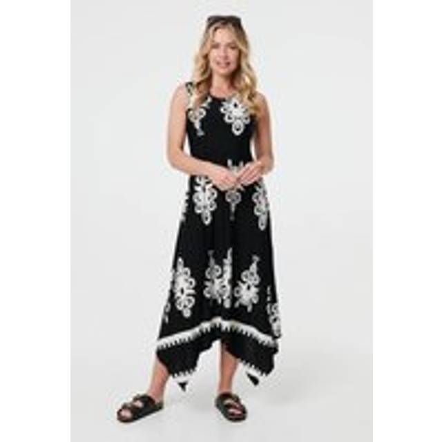 Ikat Print Sleeveless A-Line Midi Dress - Black - 14