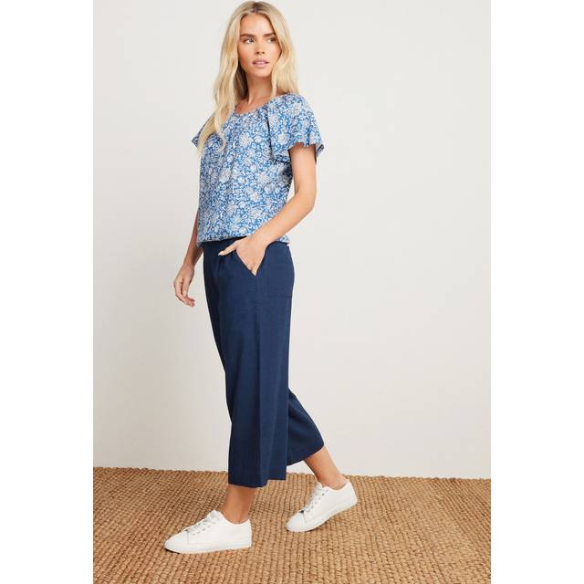 M&Co Navy Blue Cropped Wide Leg Linen Trousers Petite > 18 M&Co Womens - Petite 18