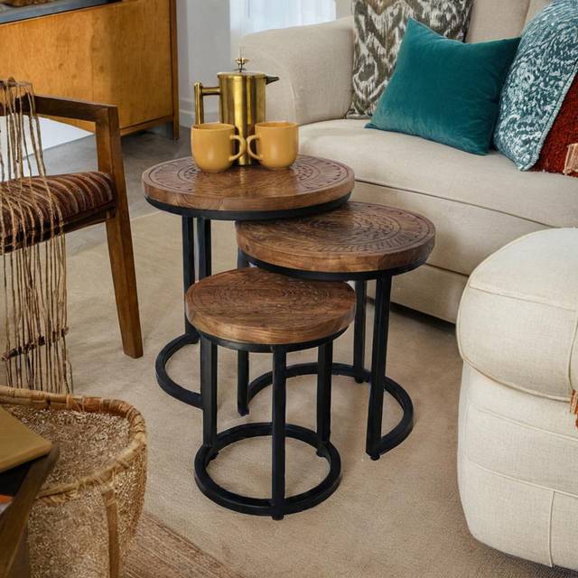 Acacia Wood Round Set Hand Carved 3 Piece Nest of Tables - Brown (47cm H X 45cm W X 45cm D)