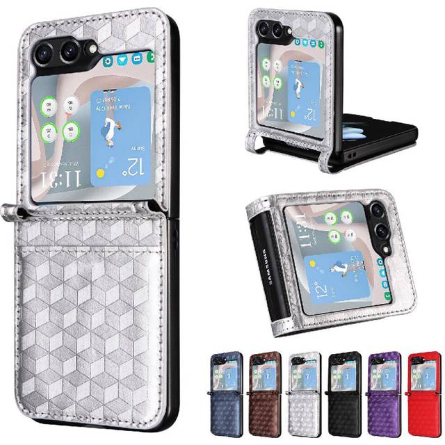(Silver) Case For Samsung Galaxy Z Flip 5 Card Slots Holder 3D Pattern Wallet Magnetic Closure PU Leather