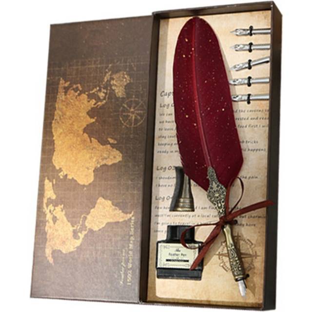Pen and Ink Set Vintage Quill Dip Writing Nibs Kit Calligraphy Gifts for Beginners (Red)