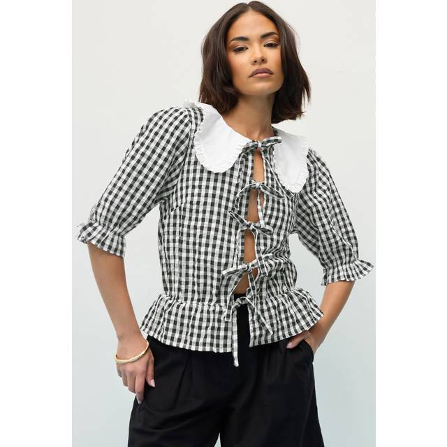 Pixiegirl Black Gingham Tie Front Collar Peplum Top 14 Pixiegirl | Petite Women's Summer Tops