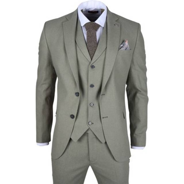 Men's Sage Tailor Fit3 Piece Linen Summer Wedding Suit - Green - 40R