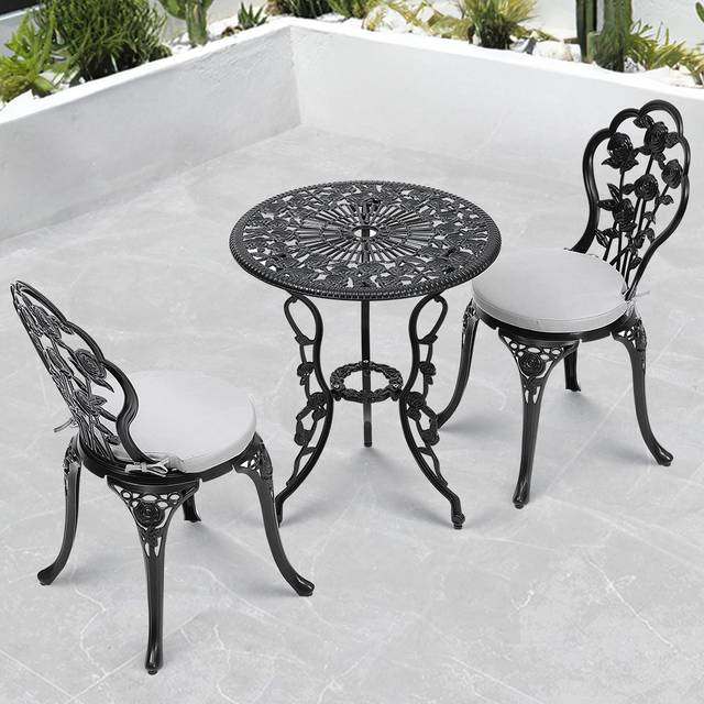 3-Piece Cast Aluminum Bistro Set – Elegant Outdoor Dining for Small Spaces" - Black (2)