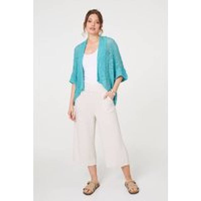 Izabel London Crochet Knit Texture Waterfall Cardigan - Turquoise - one size