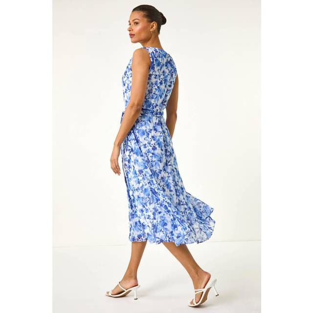 Floral Print Pleat Neck Midi Dress - Blue - 20