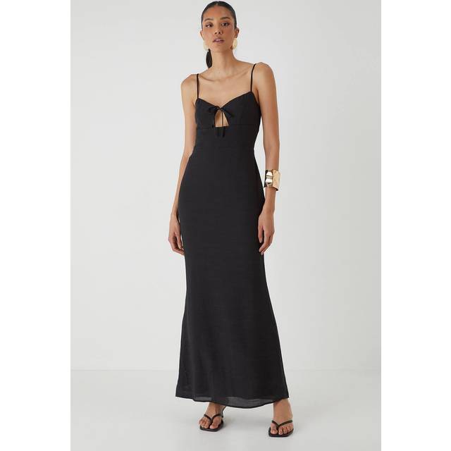 Linen Look Tie Bust Maxi Dress - Black - 6