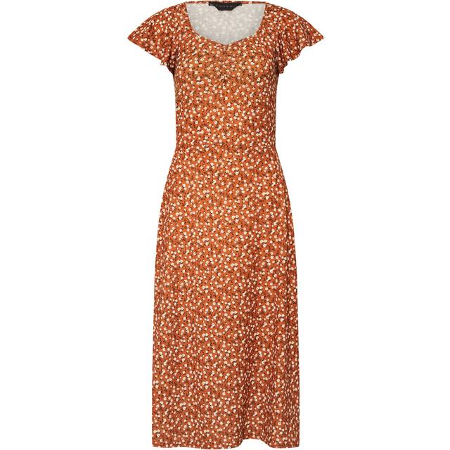 Pixiegirl Rust Orange Ditsy Floral Flutter Sleeve Dress 8 Pixiegirl | Petite Women's Floral Dresses