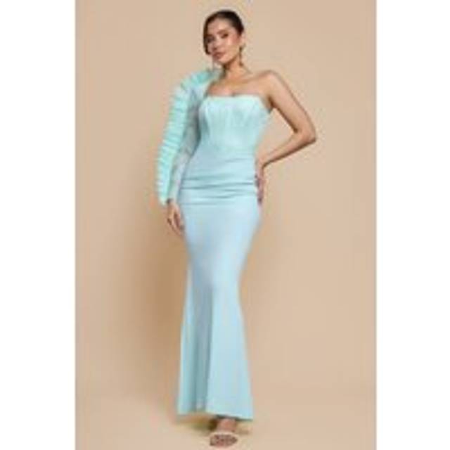 One Shoulder Organza Fan Detail Lace Bodice Maxi Dress - Mint Green by Goddiva - 16