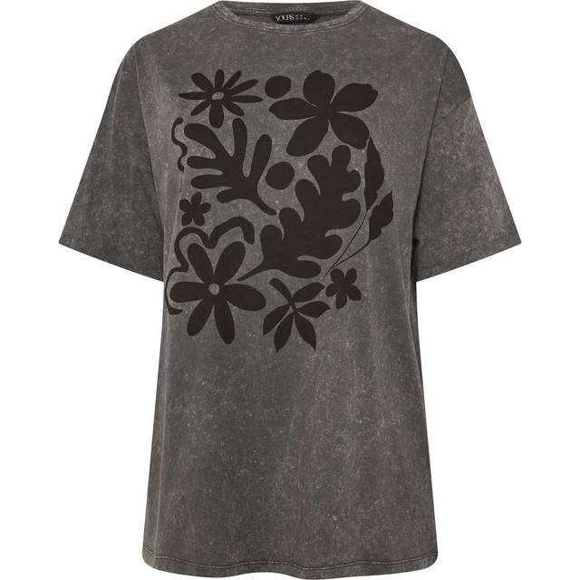 Yours Curve Grey Acid Wash Floral Print Tshirt, Women's Curve & Plus Size, Yours - 18