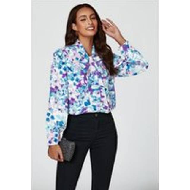 Fs Collection Abstract Floral Print Tie Detail Long Sleeve Blouse Top In Blue In White - XL