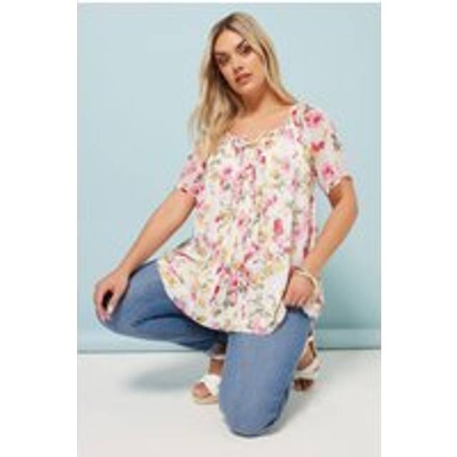 Yours Curve Ivory White Floral Tie Neck Pintuck Blouse, Women's Curve & Plus Size, Yours - 38-40