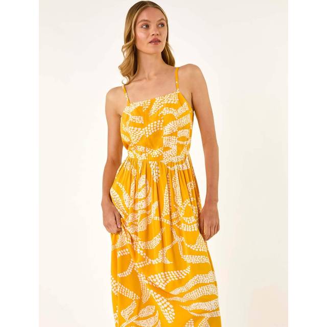 Roman Yellow Leaf Print Strap Midi Dress - Size 14