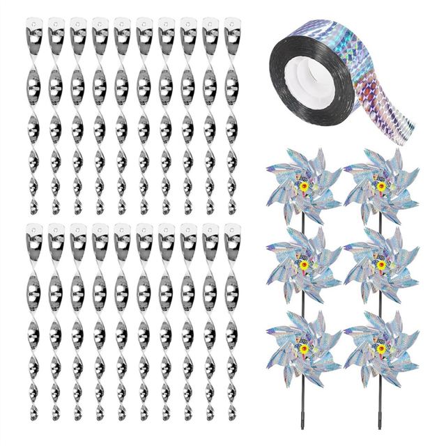Bird Deterrent Devices Kit,27 Pieces Set with 20 Reflective Scare Rods, 6 Pinwheels Stakes and A Roll of Tape