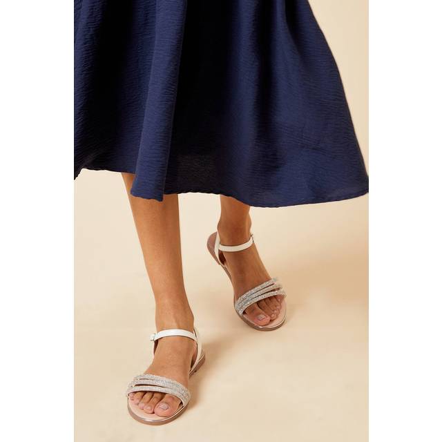 Womens Wide Fit Fern Embellished Flat Sandals - White - 7