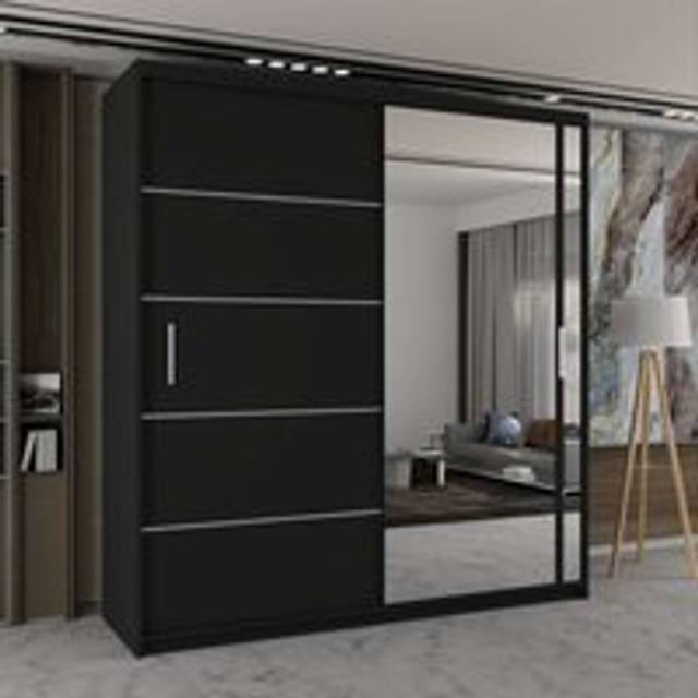 Modern Double Sliding Wardrobe with LED Light W203cm x H217cm x D62cm - Black - One Size