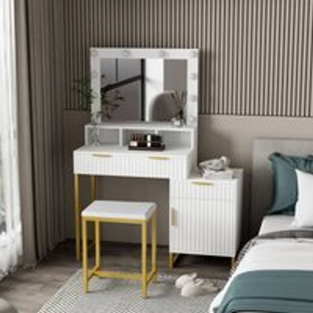 White Hollywood Dressing Table with Drawers and LED Lighted Mirror
