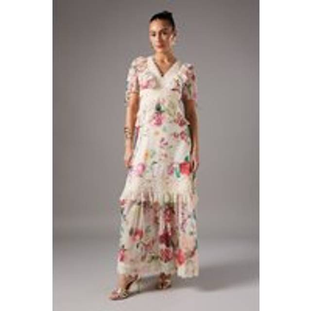 Cut Out Lace Trim Midi Dress - Cream - 12