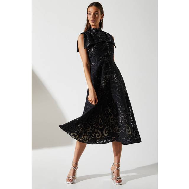 Coast womens midi dress black black nude bow sleeve jacquard occasion wear