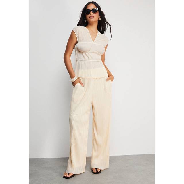 Womens Plisse High Waisted Wide Leg Trousers - cream - Cream - 10