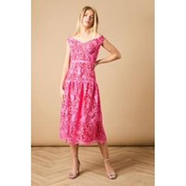 Floral Lace Off The Shoulder Midi Dress - Pink - 10
