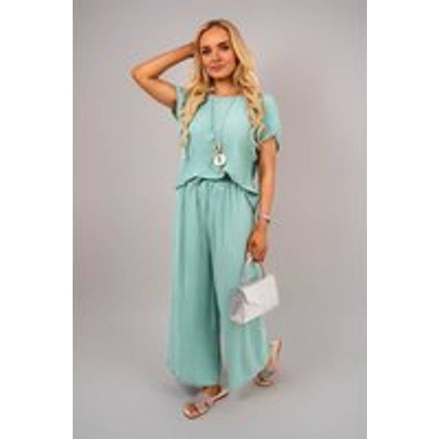 Kaesa Ribbed Short Sleeve Top And Wide Leg Trouser Co-ord Set - Mint - S/M