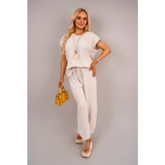 Kaesa Ribbed Short Sleeve Top And Wide Leg Trouser Co-ord Set - Beige - S/M