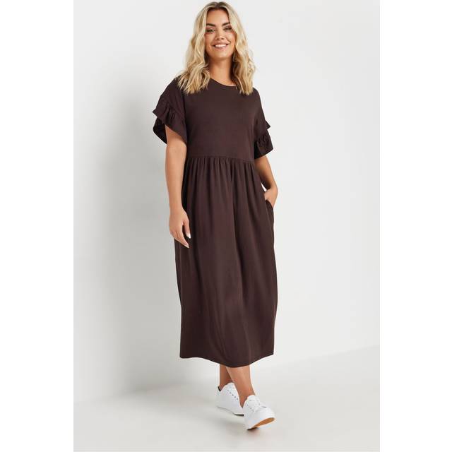 Yours Curve Chocolate Brown Frill Cotton Midaxi Dress, Women's Curve & Plus Size, Yours - 20