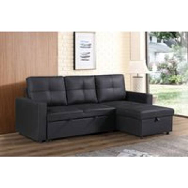 Snuggle Leather L Shaped Right Hand Facing Corner Sofa-Bed - Black - One Size