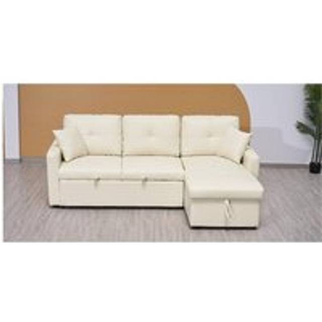 Snuggle Leather L Shaped Right Hand Facing Corner Sofa-Bed - Cream - One Size