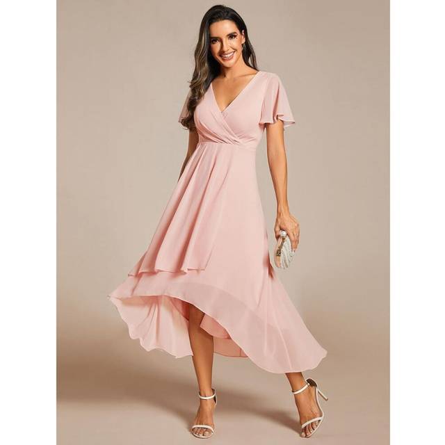 (pink, 4XL) Ever-pretty Women&apos;s V-neck Midi Chiffon High-low Hem Wedding Guest Dress With Ruffles Sleeve
