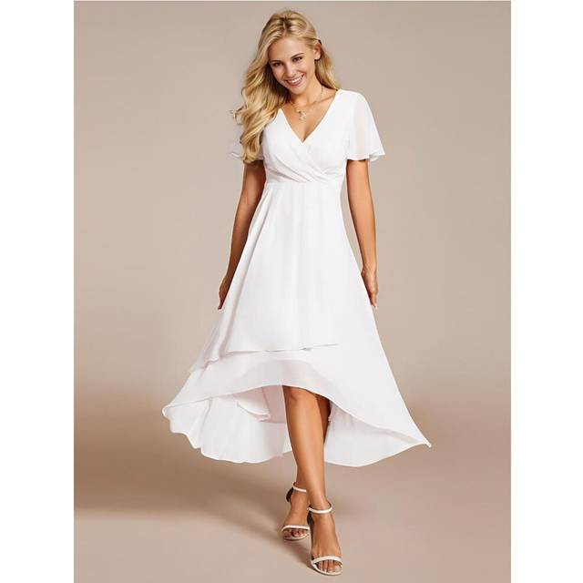 (white, XL) Ever-pretty Women&apos;s V-neck Midi Chiffon High-low Hem Wedding Guest Dress With Ruffles Sleeve